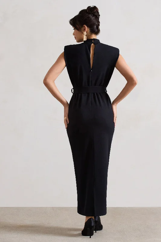 Abbie | Black High-Neck Maxi Dress With Tie Waist