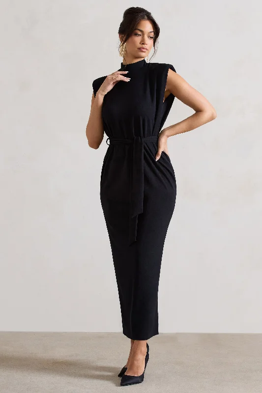 Abbie | Black High-Neck Maxi Dress With Tie Waist