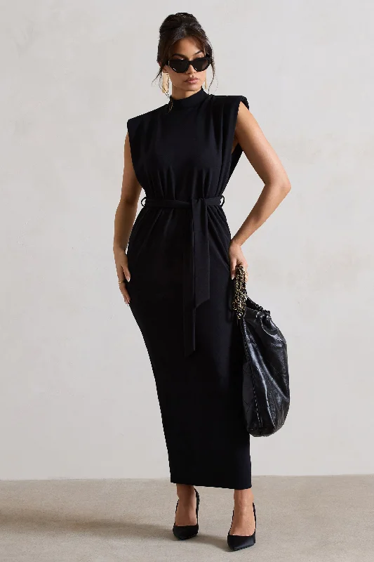 Abbie | Black High-Neck Maxi Dress With Tie Waist