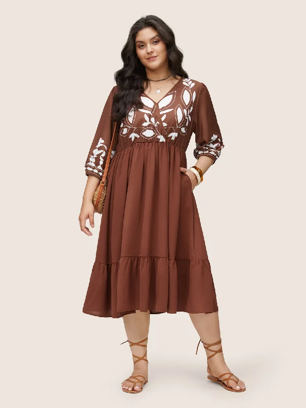 Geometric Surplice Neck Flutter Layered Hem Dress