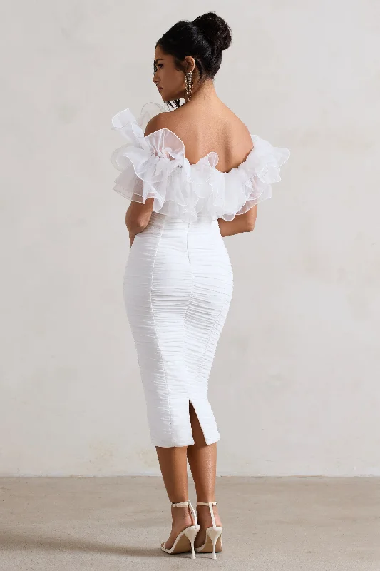 Ladylike | White Ruched Bardot Midi Dress With Organza Trim