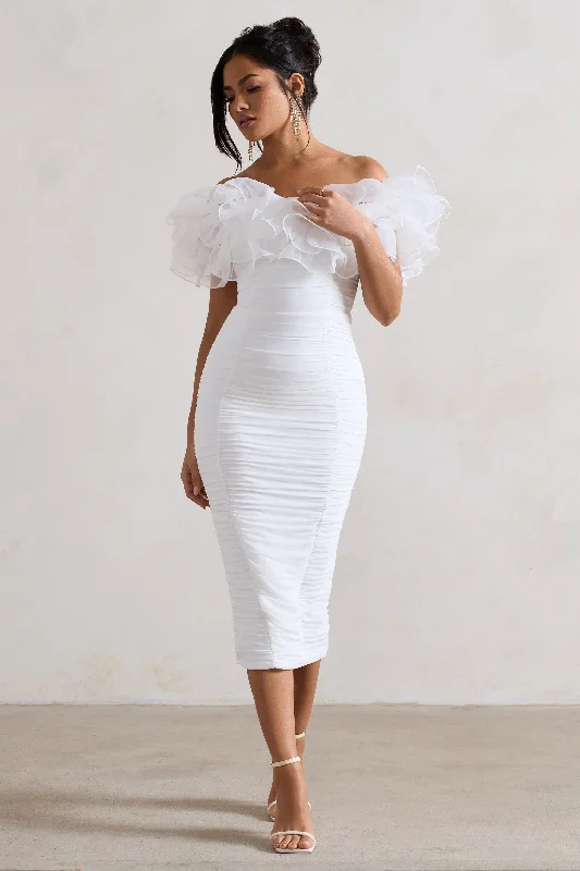 Ladylike | White Ruched Bardot Midi Dress With Organza Trim