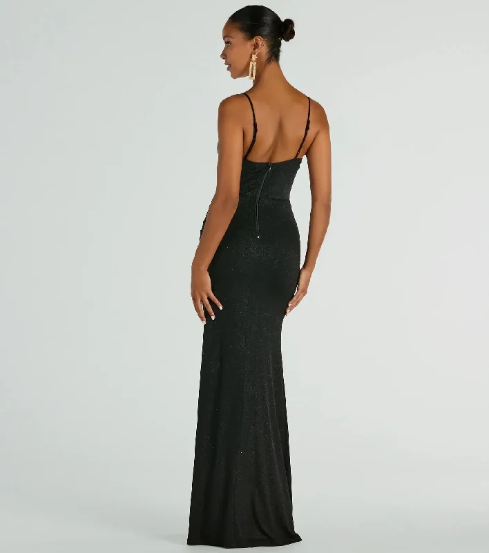 Melinda V-Neck Slit Mermaid Glitter Formal Dress