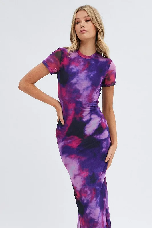 Purple Abstract Maxi Dress Short Sleeve Crew Neck Bodycon Mesh