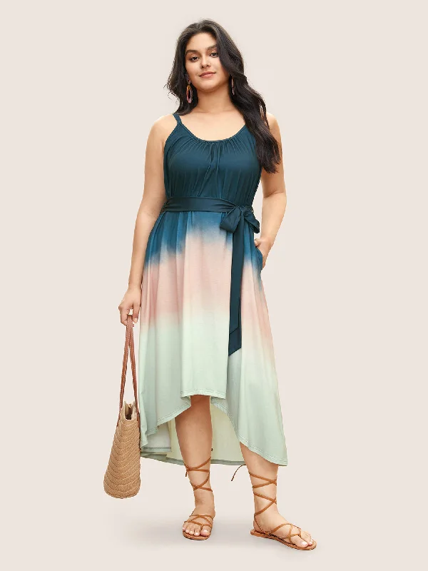 Tie Dye Belted Gathered Asymmetrical Hem Dress