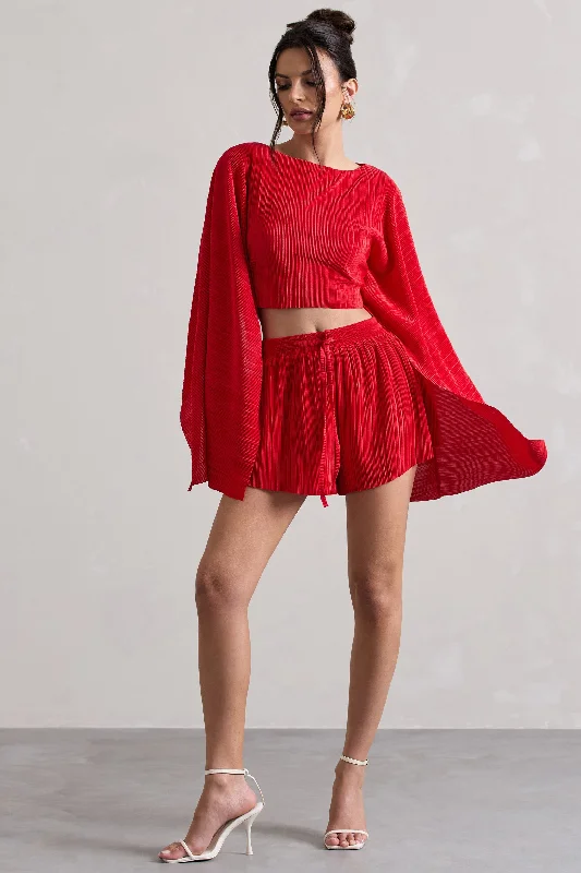 Aflame | Red Plisse Tie Waist Shorts