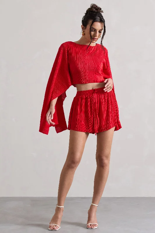 Aflame | Red Plisse Tie Waist Shorts