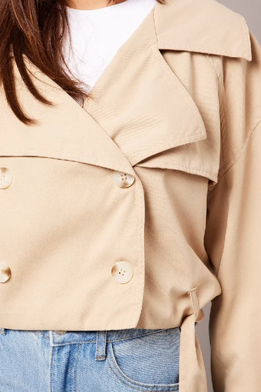 Beige Short Trench Coat Long Sleeve