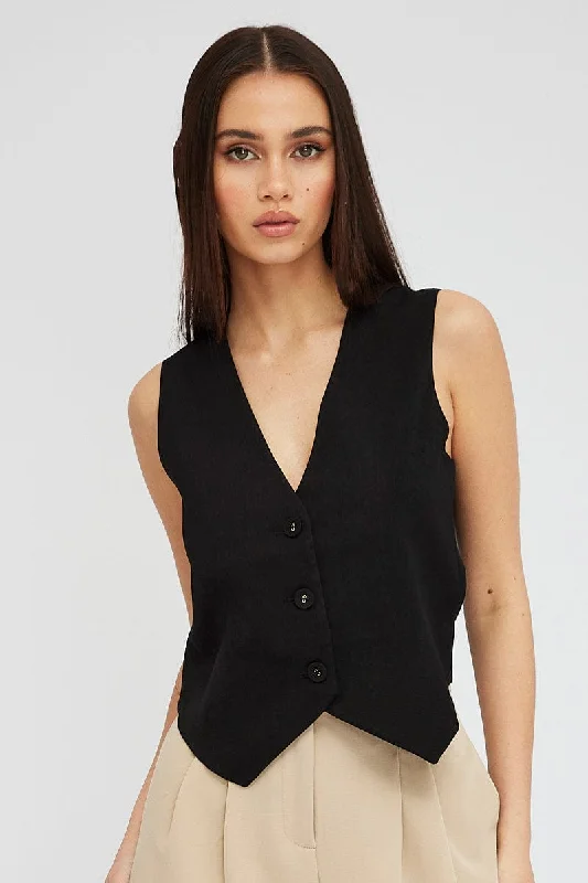 Black Top Waistcost Sleeveless V Neck Button Up Relaxed