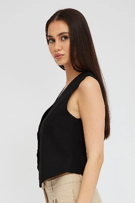 Black Top Waistcost Sleeveless V Neck Button Up Relaxed