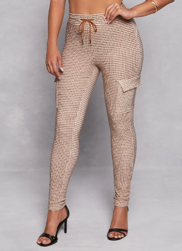 Plaid Drawstring Cargo Pocket Skinny Leg Pants