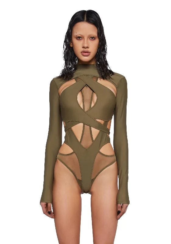 Crossfade Strappy Spandex And Mesh Bodysuit - Green