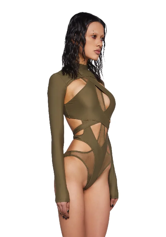 Crossfade Strappy Spandex And Mesh Bodysuit - Green