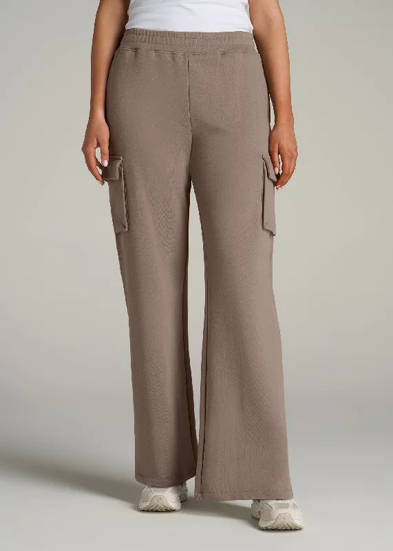 French Terry Wide Leg Cargo Sweatpants for Tall Women in Portobello