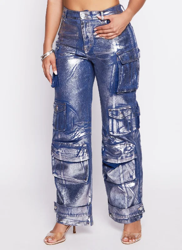 Daisy Foil Screen Wide Leg Cargo Jeans