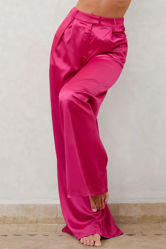 Desire Me | Hot Pink Satin High Waist Wide Leg Trousers