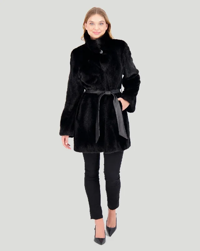 Mink Jacket With Stand Up Collar And Leather Belt