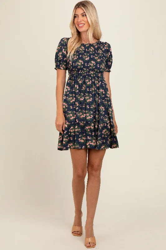 Navy Blue Floral Smocked Puff Sleeve Dress