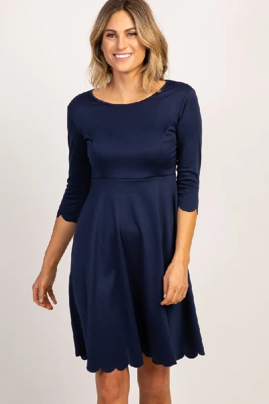 PinkBlush Navy Solid Scalloped Hem Dress