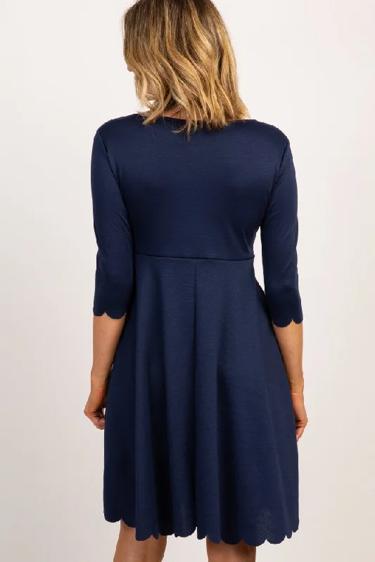 PinkBlush Navy Solid Scalloped Hem Dress