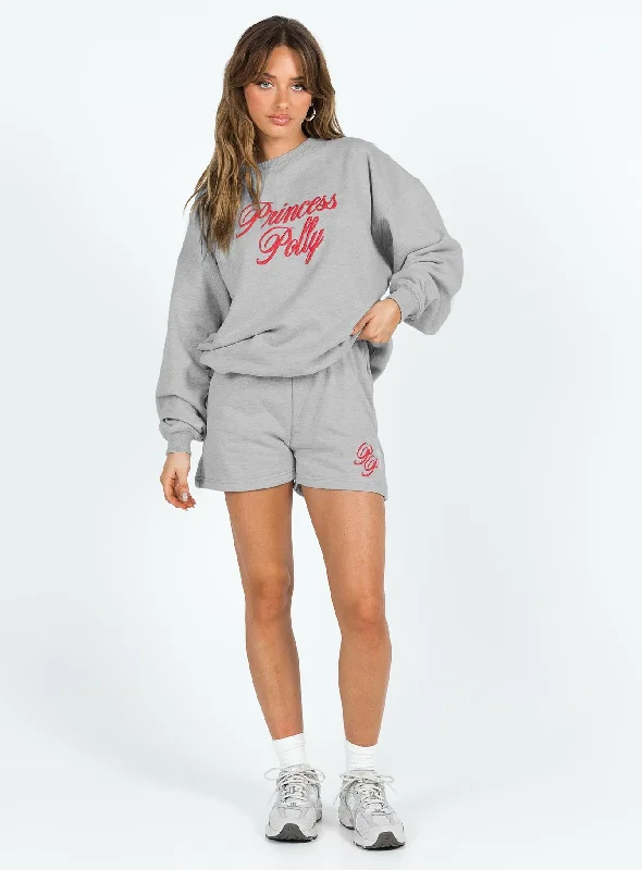 Princess Polly Track Shorts Cursive Text Grey Marle / Red