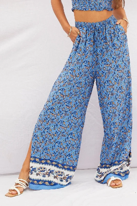 Print Pants High Rise Elastic Waist Wide Leg