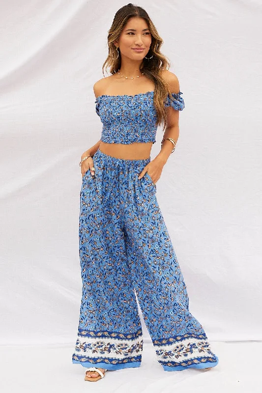 Print Pants High Rise Elastic Waist Wide Leg