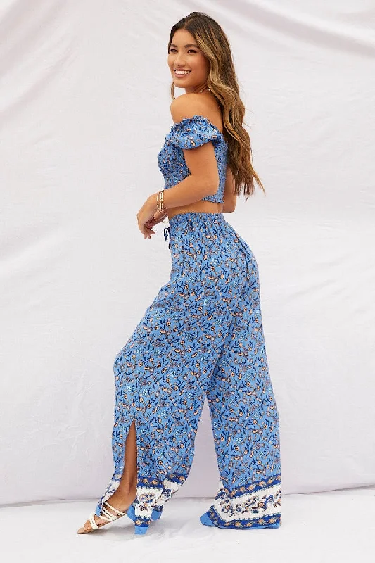 Print Pants High Rise Elastic Waist Wide Leg