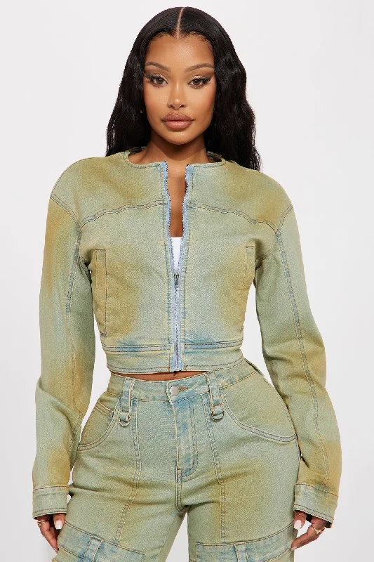 Tatiana Tinted Crop Moto Jacket - Light Wash