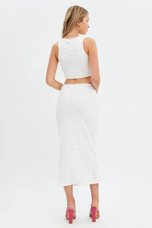 White Maxi Skirt High Rise Bodycon Textured Jersey