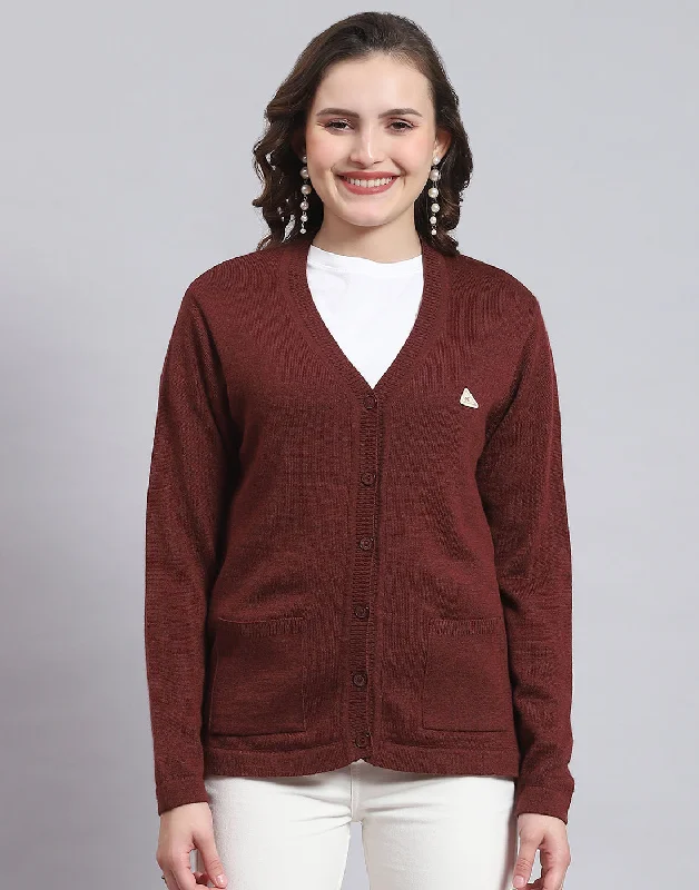 Women Maroon Solid V Neck Full Sleeve Sweater