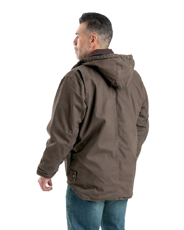 Berne Mens Washed Zip-Off Hooded Work Dark Khaki 100% Cotton Coat