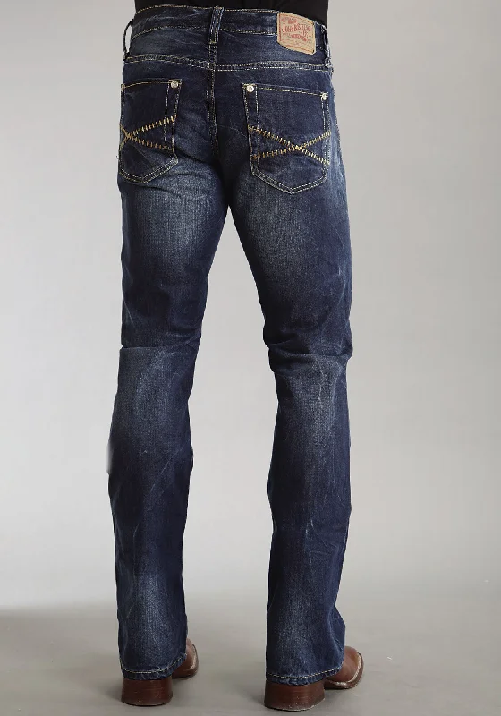 Mens Stetson Blue Cotton Blend Sandblasted Stitch Bootcut Rocks Fit Jeans