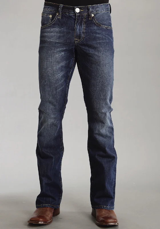 Mens Stetson Blue Cotton Blend Sandblasted Stitch Bootcut Rocks Fit Jeans