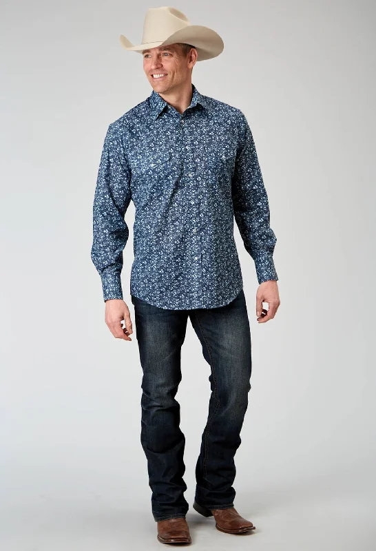 Roper Mens Ditsy Floral Blue Cotton Blend L/S Shirt