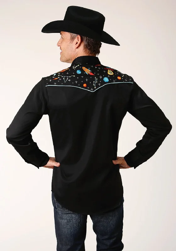 Roper Mens Space Cowboy Black Poly/Rayon L/S Shirt