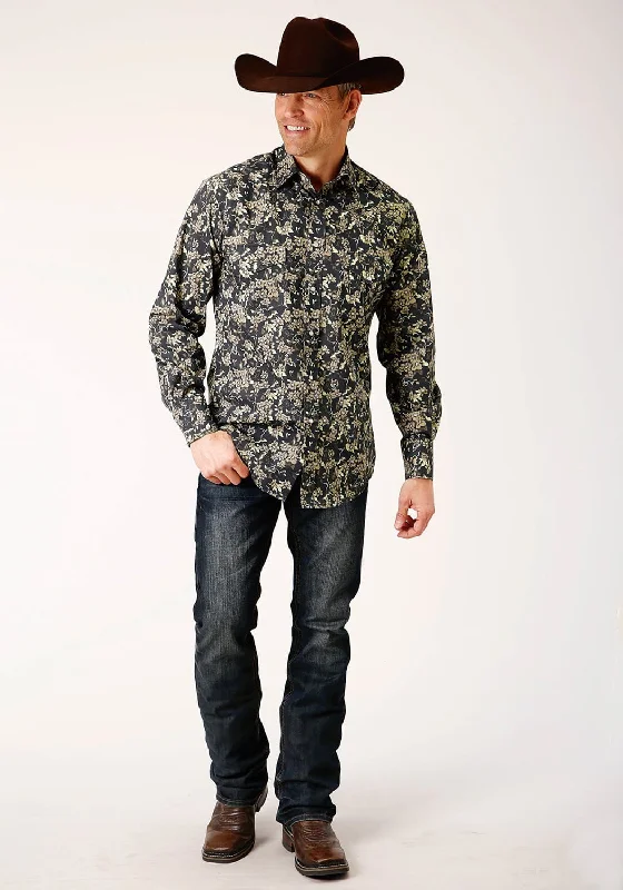 Roper Mens Vintage Dark Floral Black Cotton Blend L/S Shirt