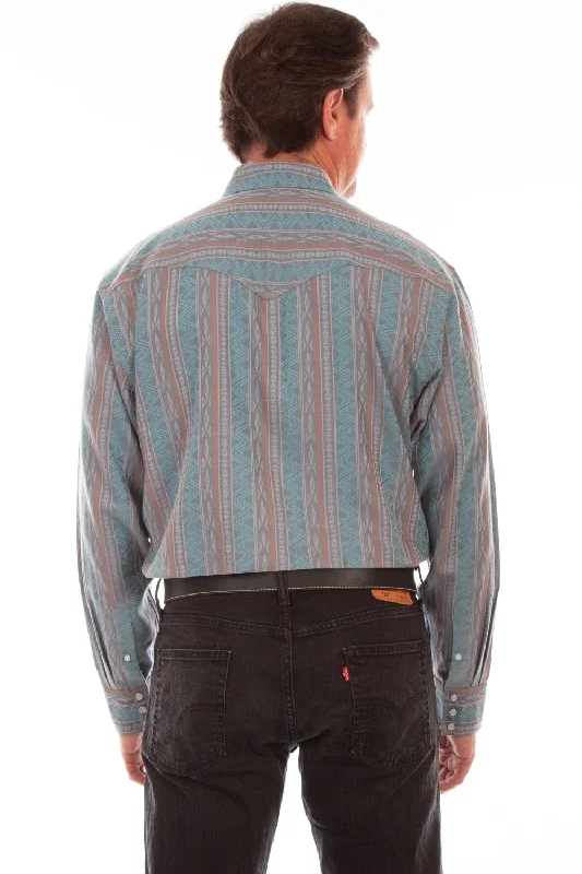 Scully Mens Turquoise 100% Cotton Signature Stripe L/S Shirt